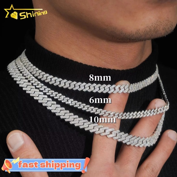 925 Silver two rows iced out hip hop VVS Moissanite Diamond Cuban link chain - Picture 5 of 6